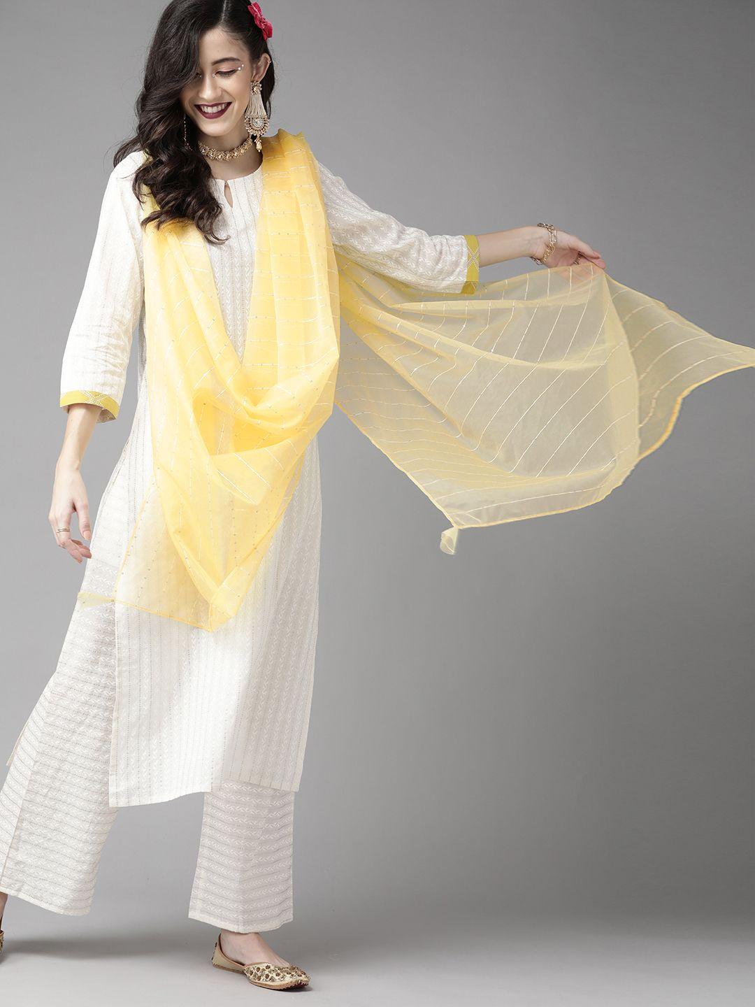 indo era women white & silver striped sequinned pure cotton kurta with palazzos & dupatta