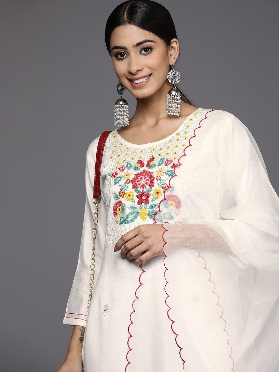 indo era women white beaded & embroidered kurta with trousers & dupatta