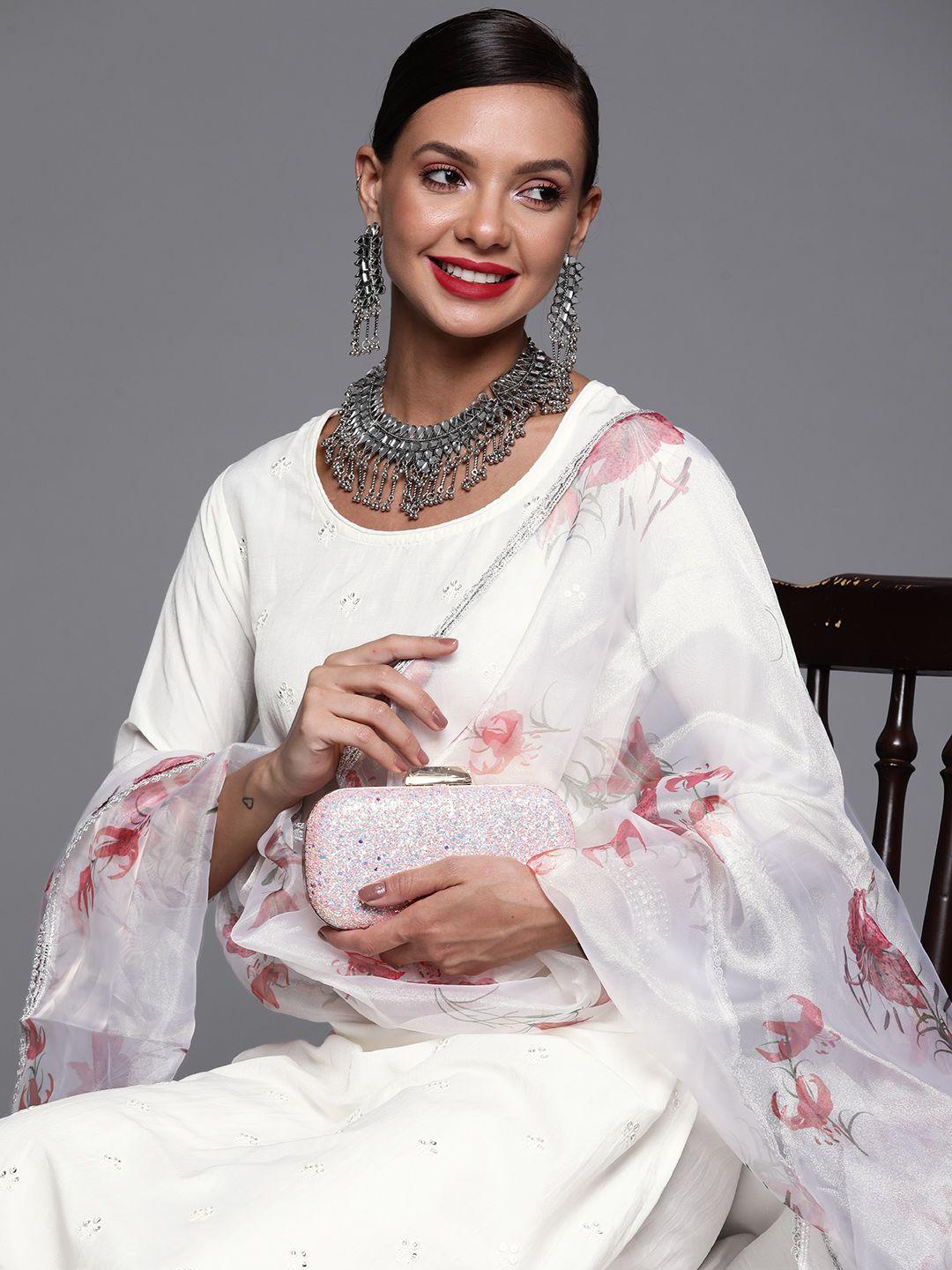 indo era women white ethnic motifs embroidered gotta patti kurta with palazzos & with dupatta