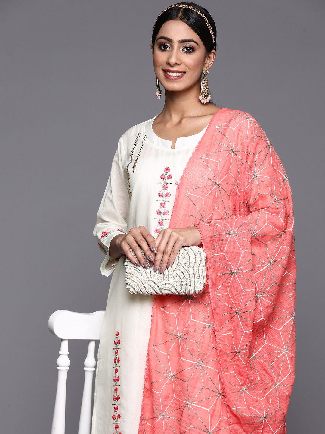 indo era women white floral embroidered sequinned kurta with trousers & with dupatta