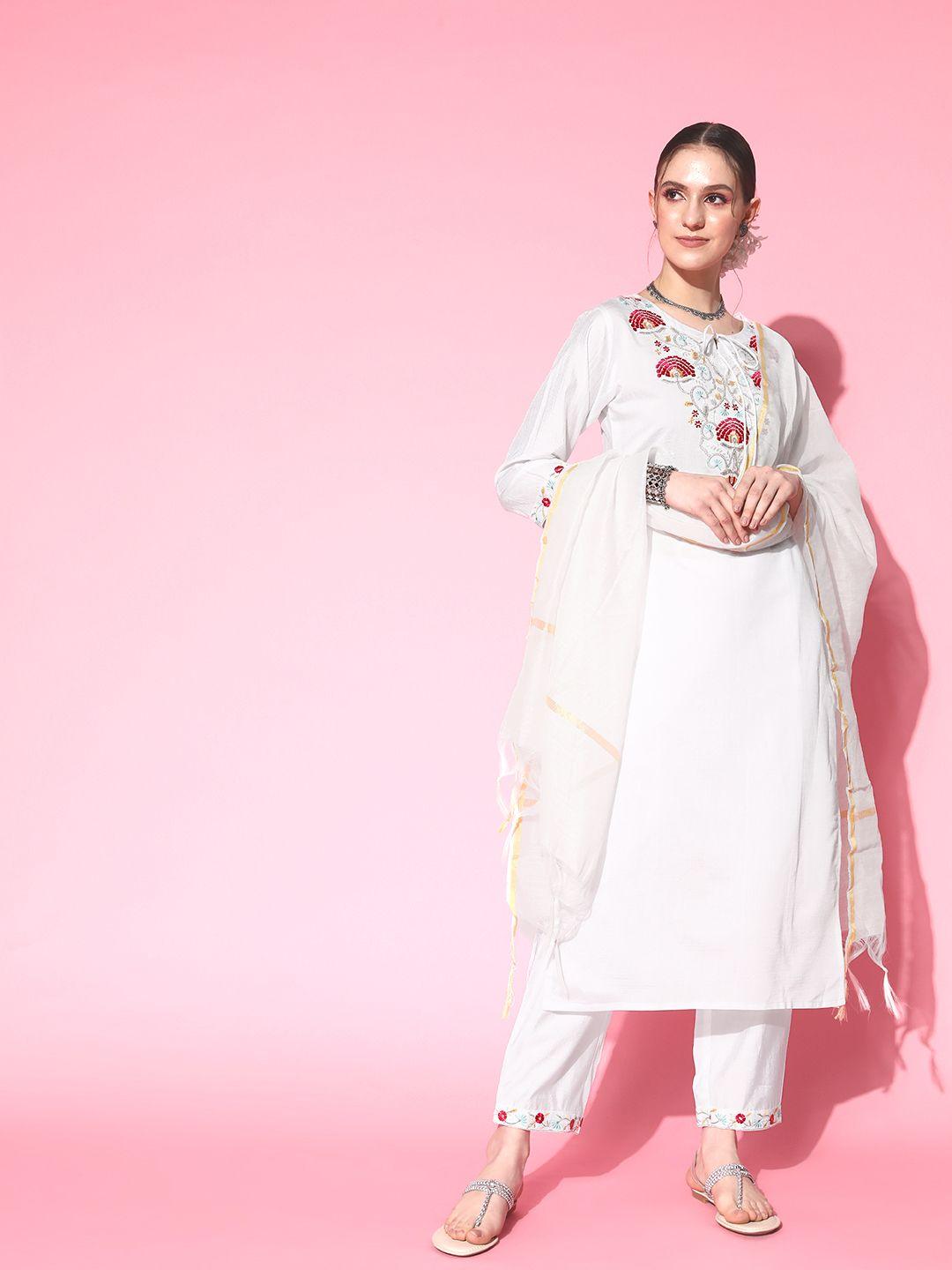 indo era women white floral embroidered thread work kurta with trousers & dupatta