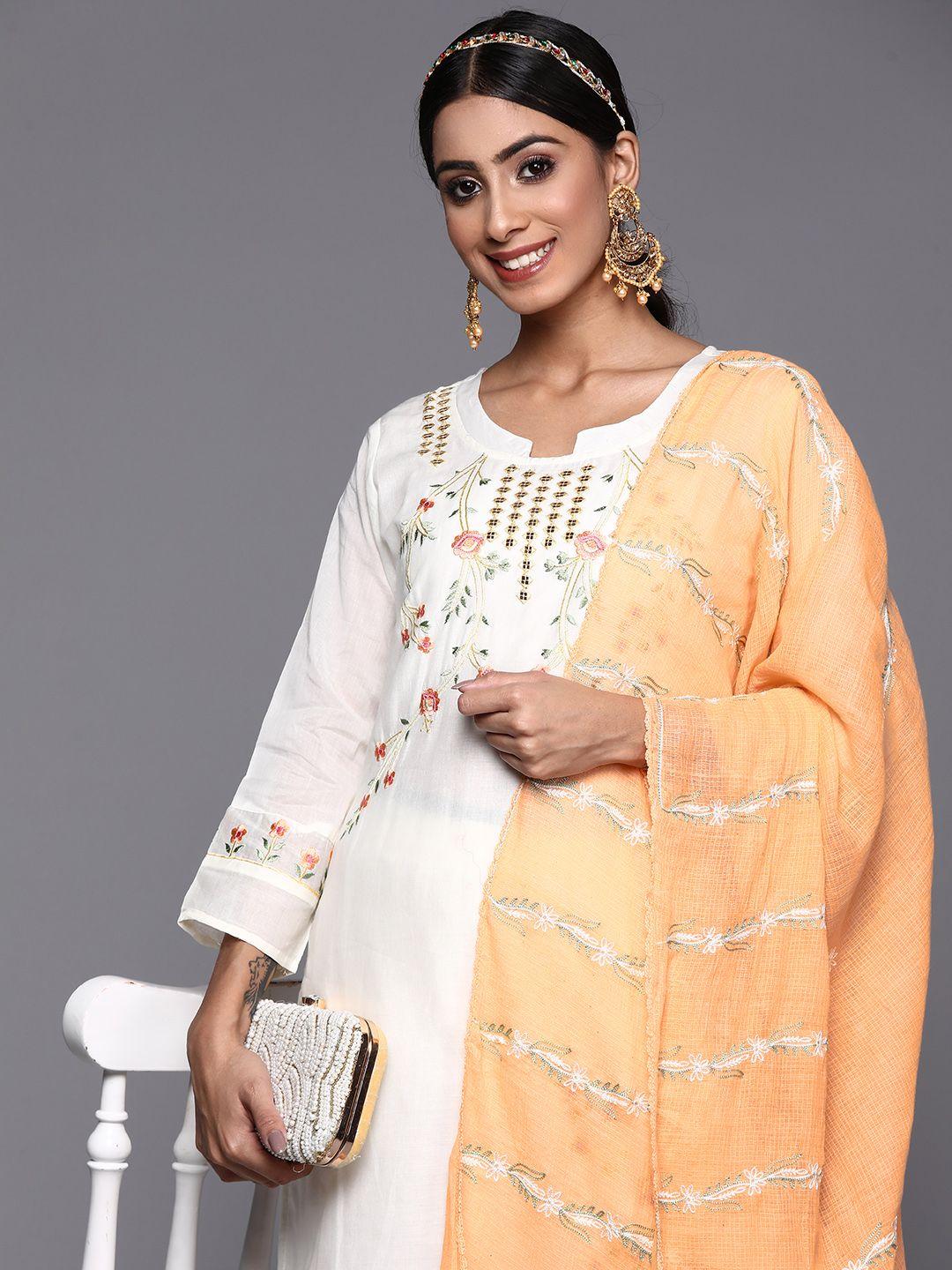 indo era women white floral embroidered thread work kurta with trousers & with dupatta