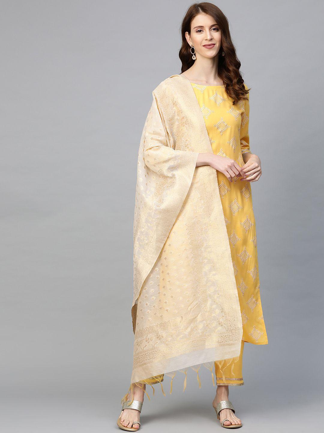 indo era women yellow & beige printed kurta with trousers & dupatta