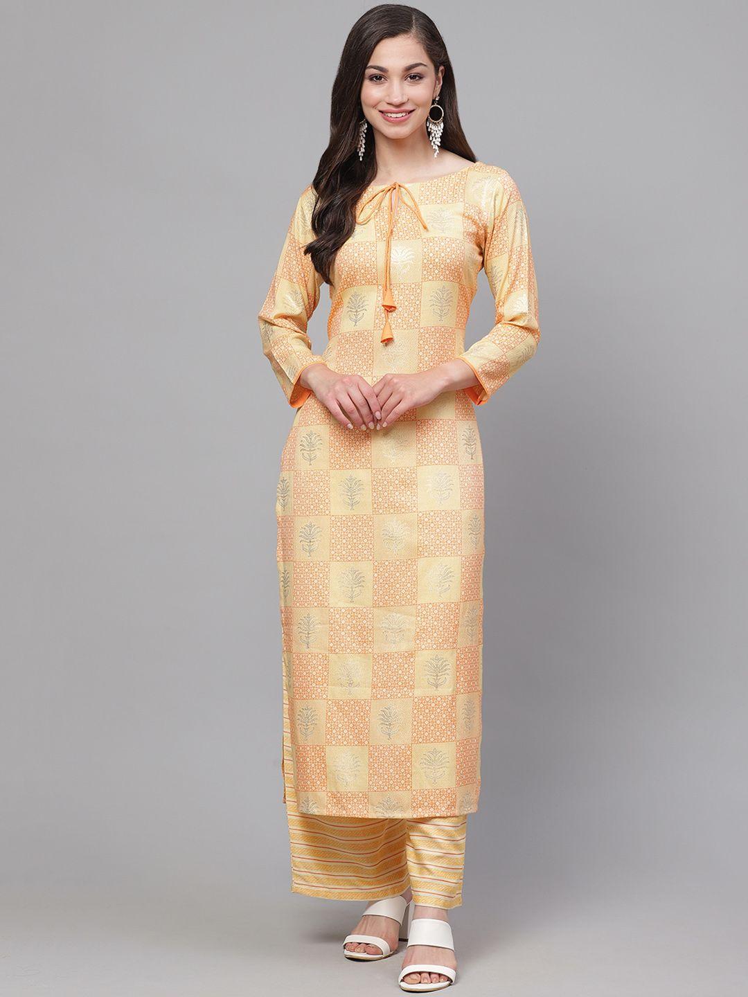 indo era women yellow & orange foil printed kurta with palazzos