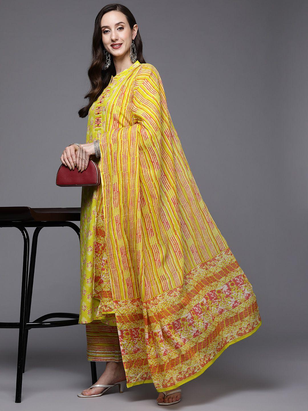 indo era women yellow & red floral print pure cotton kurta with palazzos & dupatta