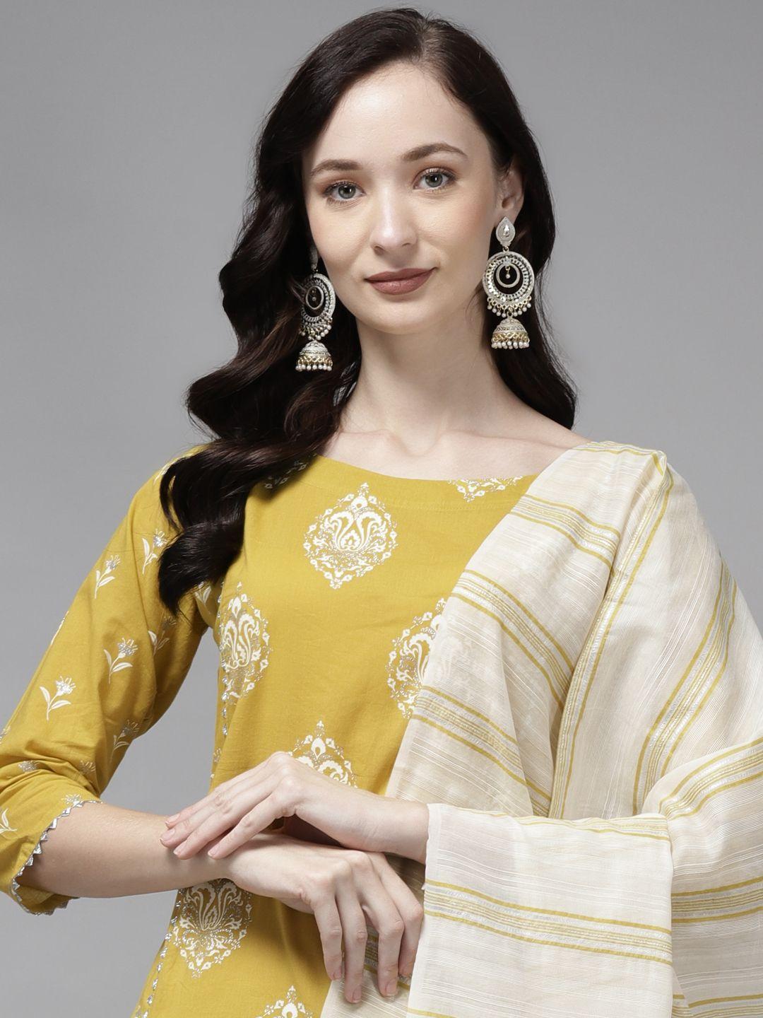 indo era women yellow & silver motifs foil print cotton kurta with trousers & dupatta