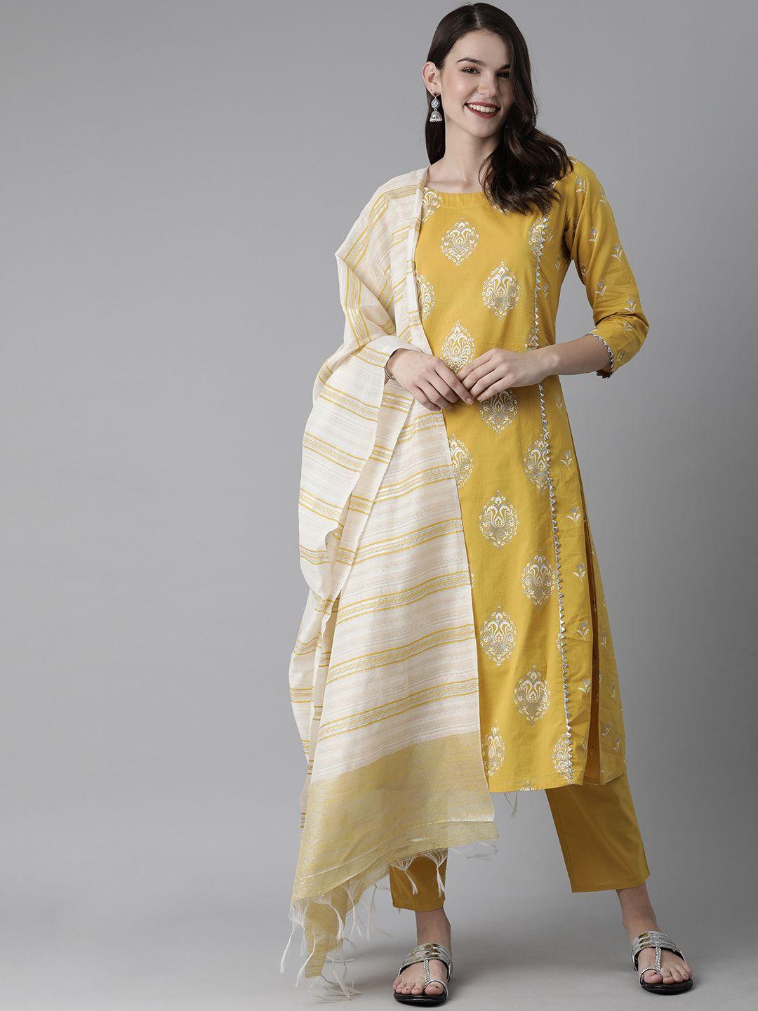 indo era women yellow & silver-toned printed pure cotton kurta with trousers & dupatta