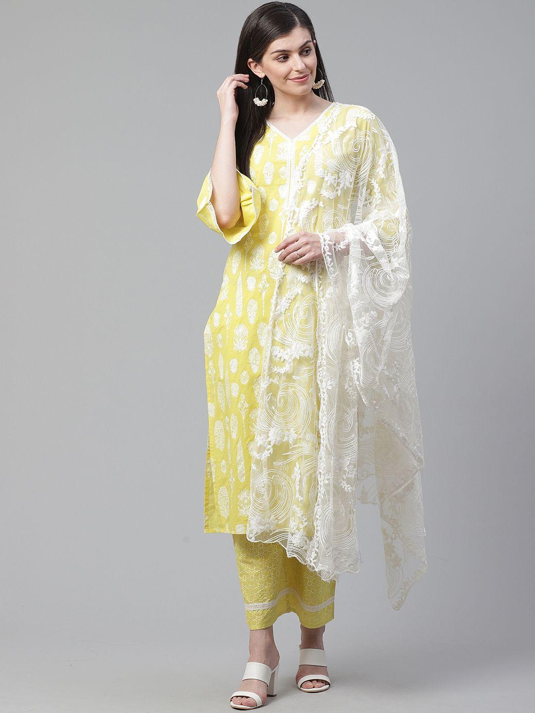 indo era women yellow & white floral foil print kurta with palazzos & dupatta