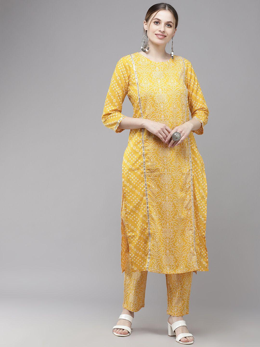 indo era women yellow bandhani printed regular gotta patti pure cotton kurta with trousers