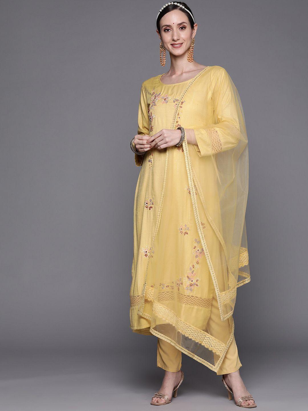 indo era women yellow embroidered thread work kurta with trousers & dupatta