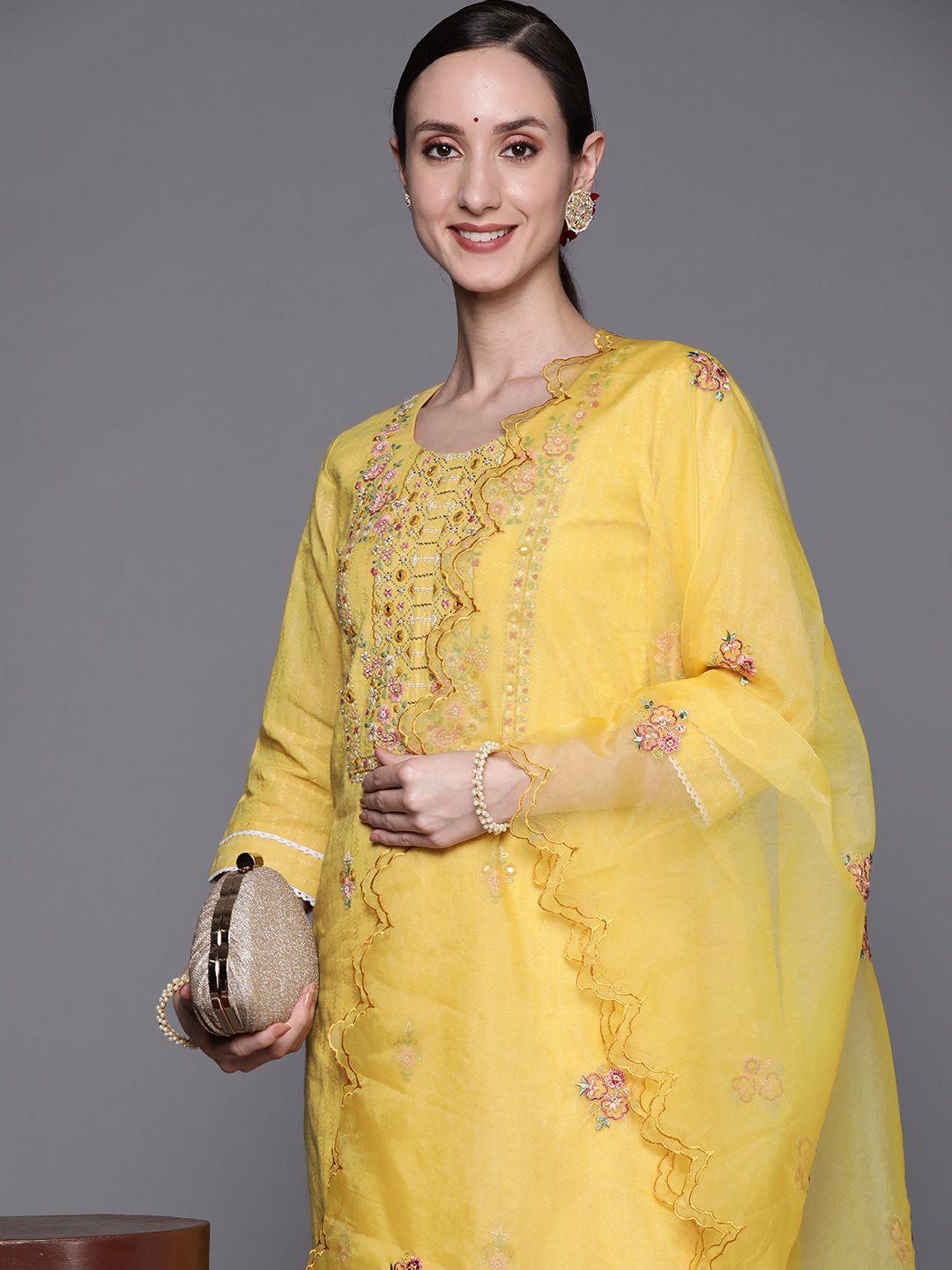 indo era women yellow ethnic motifs embroidered kurta with trousers & dupatta
