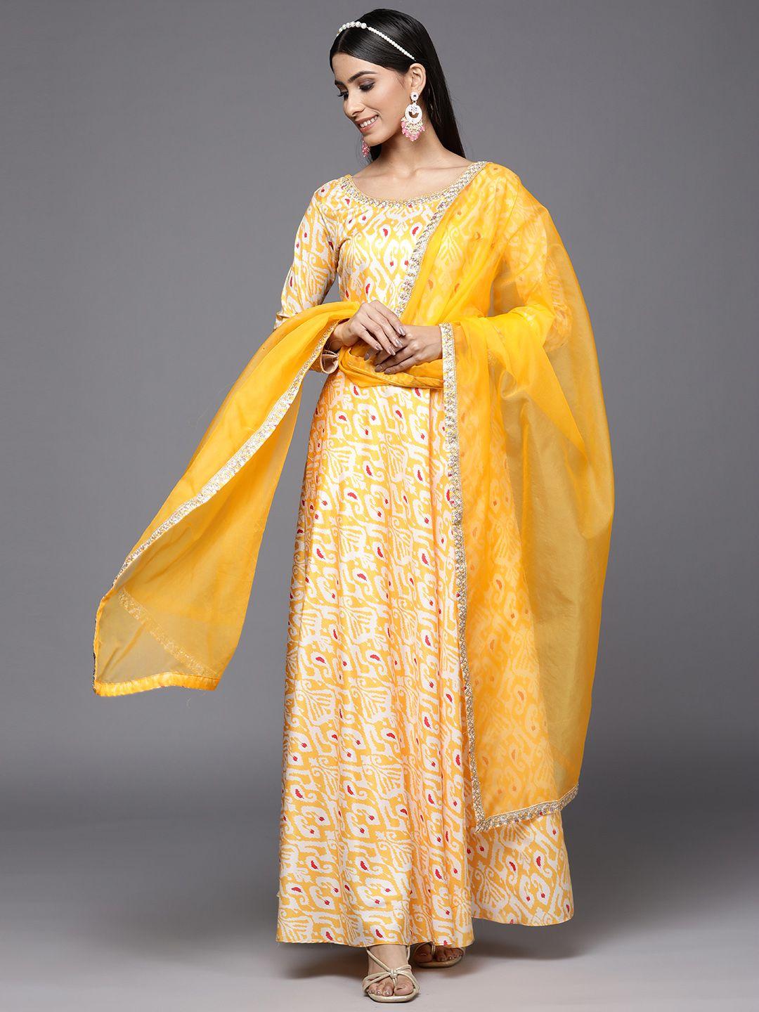 indo era women yellow ethnic motifs printed anarkali kurta with trousers & dupatta