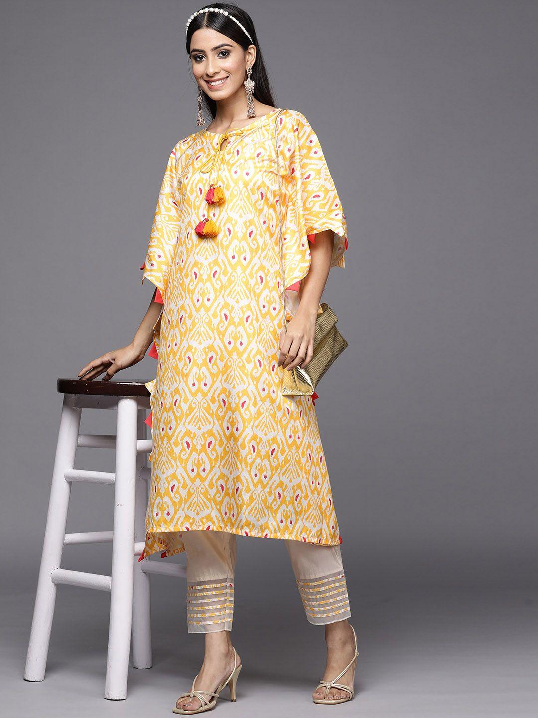 indo era women yellow ethnic motifs printed kaftan kurta with trousers