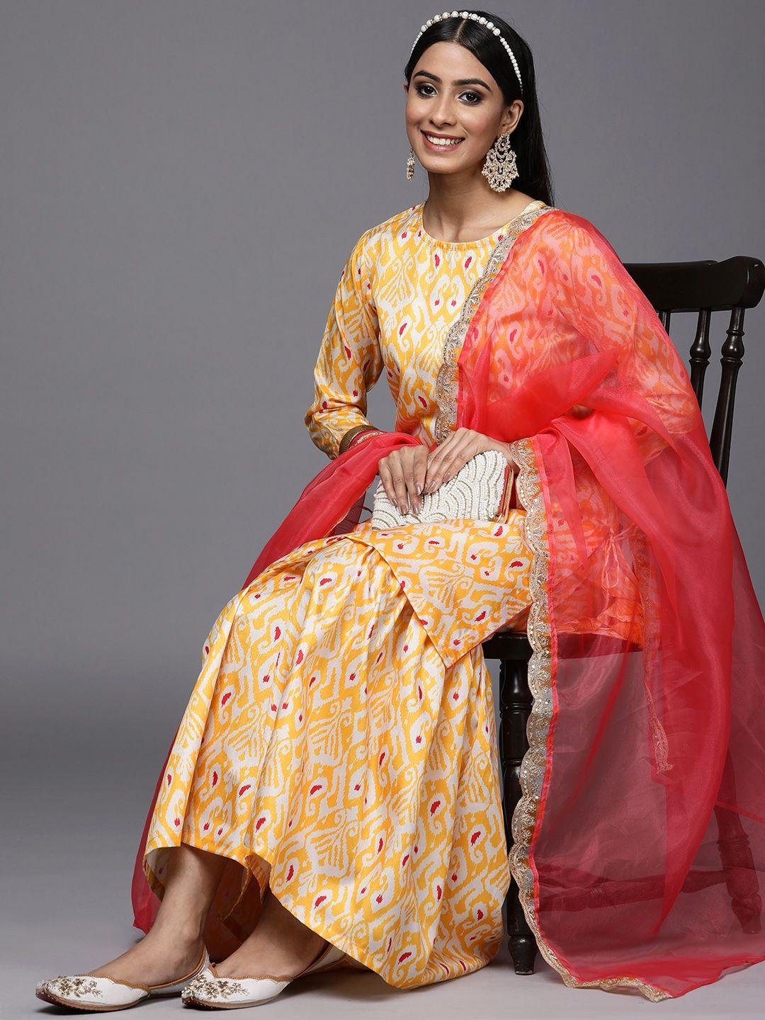 indo era women yellow ethnic motifs printed kurta with sharara & with dupatta
