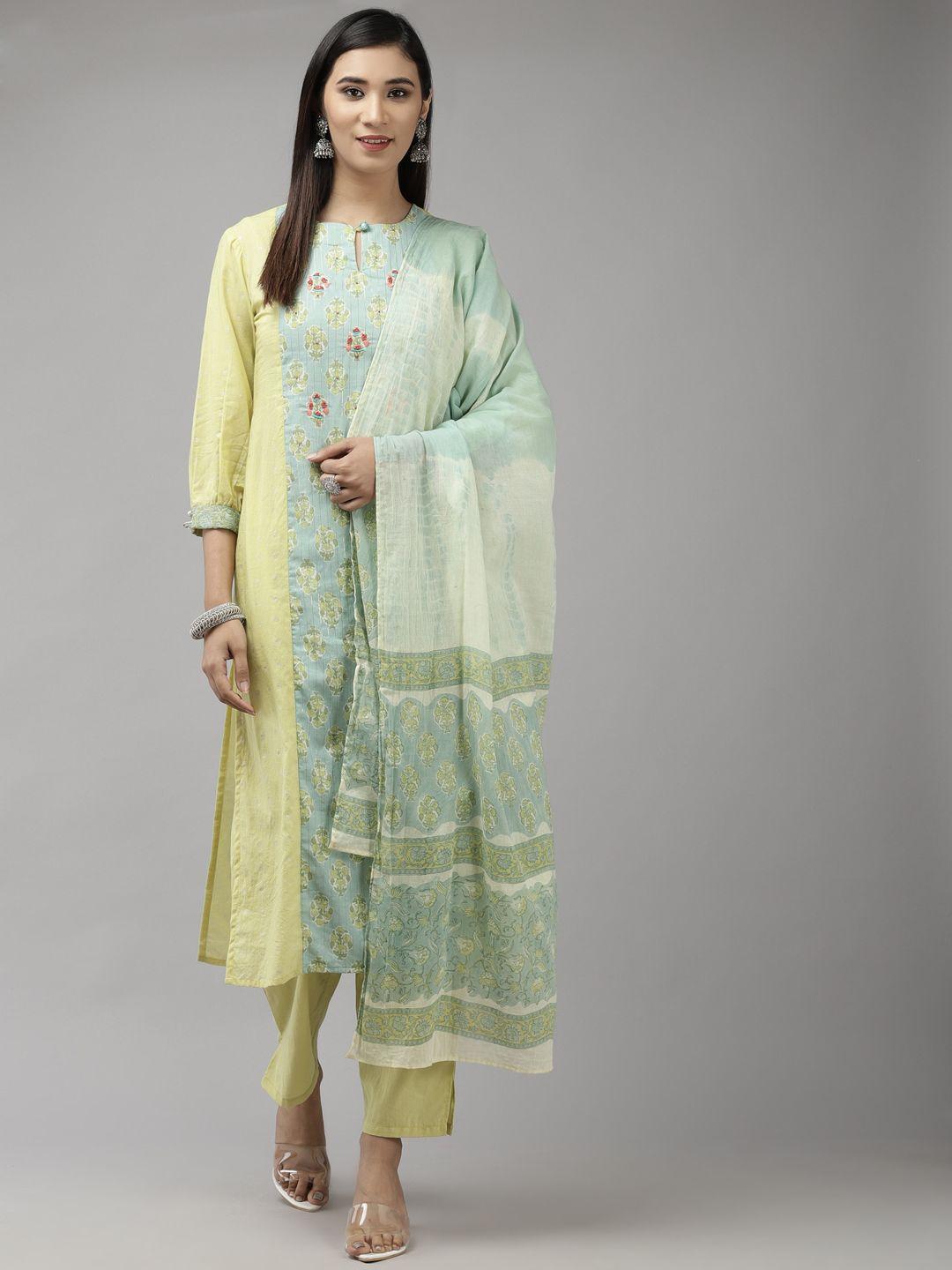 indo era women yellow ethnic motifs printed kurta with trousers & with dupatta