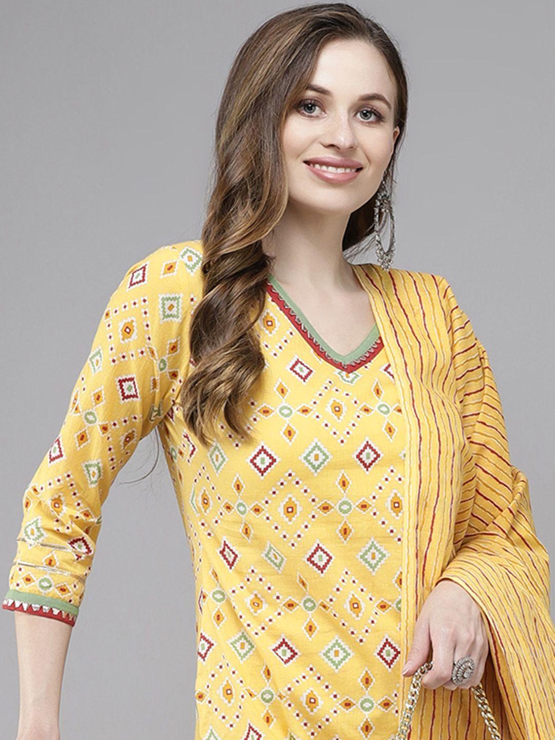 indo era women yellow printed regular kurta with sharara & with dupatta