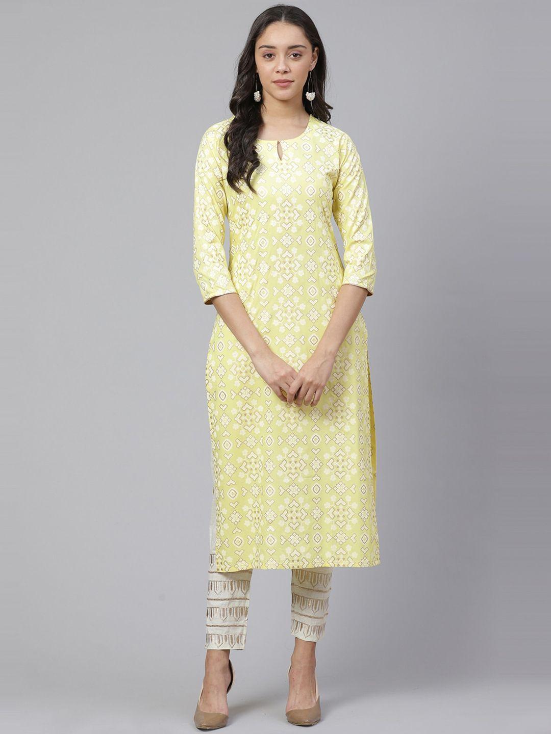 indo era women yellow printed straight kurta