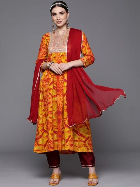 indo era yellow & maroon printed kurta pant set with dupatta