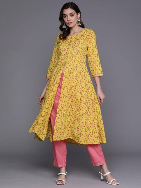 indo era yellow & pink cotton printed kurta pant set