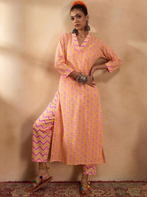 indo era yellow & pink printed kurta pant set