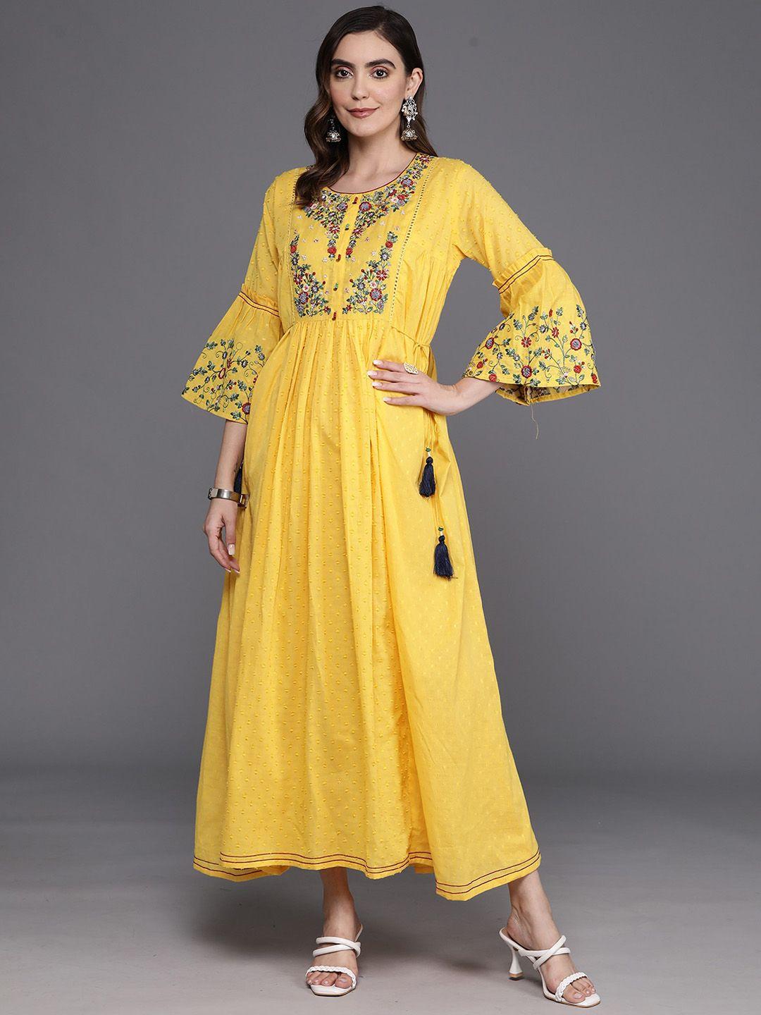 indo era yellow & red floral embroidered embellished a-line cotton ethnic dress