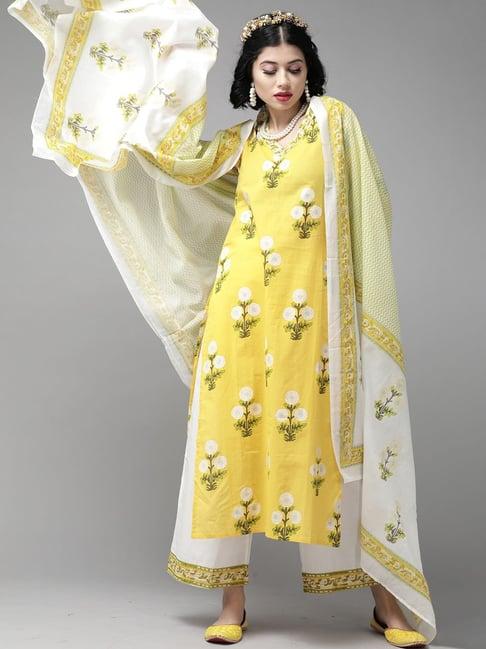 indo era yellow & white cotton printed kurta palazzo set with dupatta