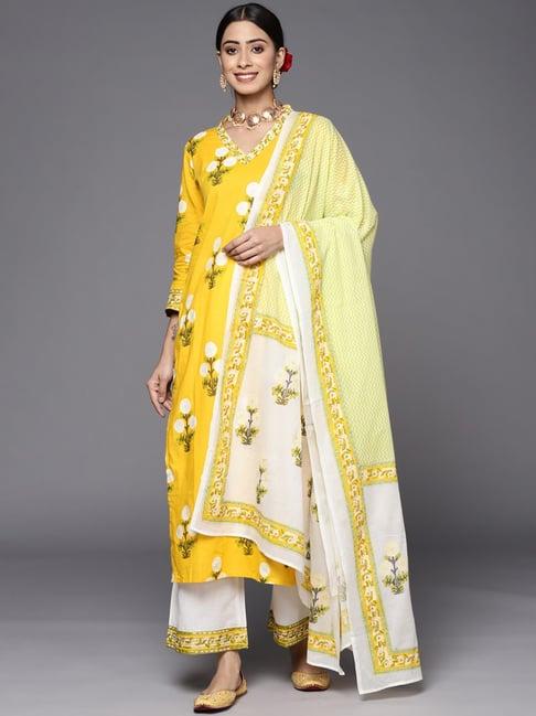 indo era yellow & white cotton printed kurta palazzo set with dupatta