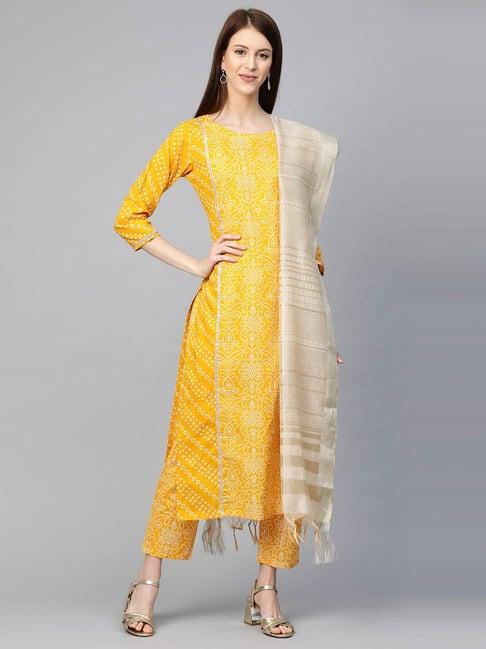 indo era yellow bandhani kurta with pant & dupatta