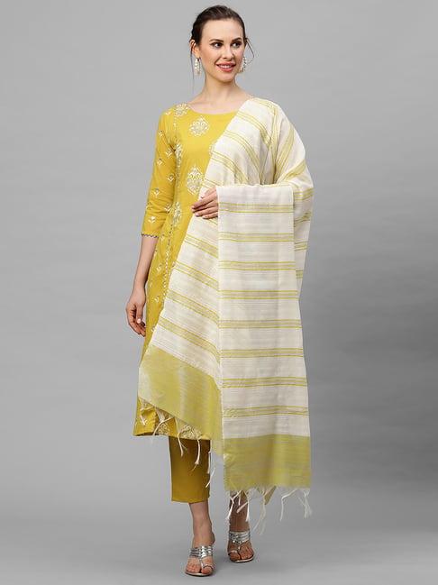 indo era yellow block print kurta with pant & dupatta