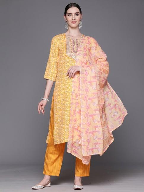 indo era yellow cotton embroidered kurta pant set with dupatta