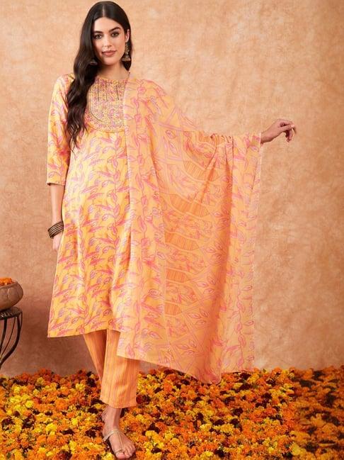 indo era yellow cotton embroidered kurta pant set with dupatta