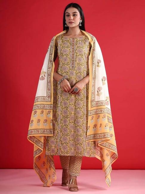 indo era yellow cotton floral print kurta and pant set with dupatta