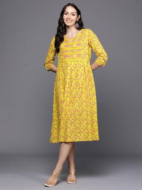 indo era yellow cotton printed a-line dress