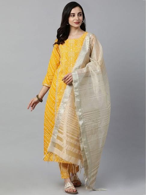 indo era yellow cotton printed kurta palazzo set with dupatta