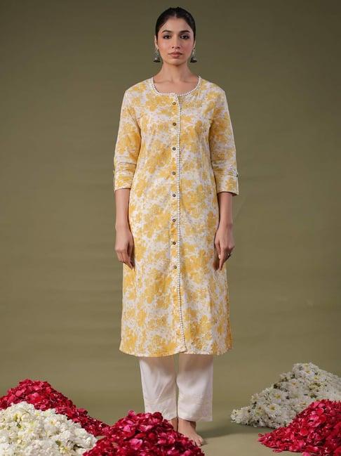 indo era yellow cotton printed straight kurta