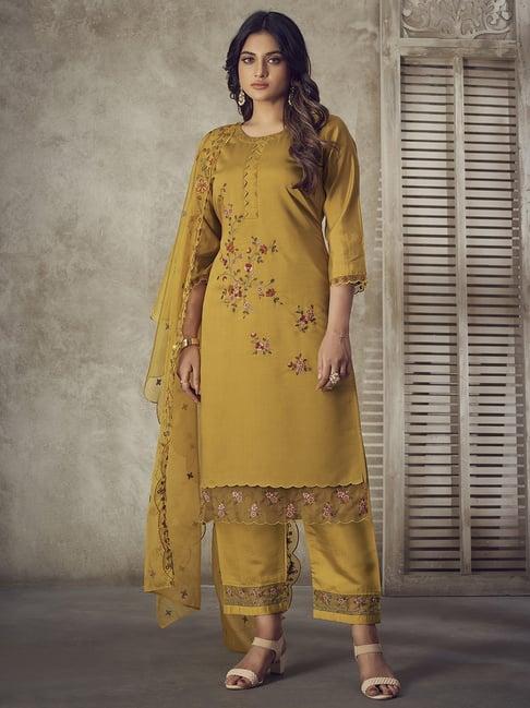 indo era yellow embroidered kurta palazzo set with dupatta