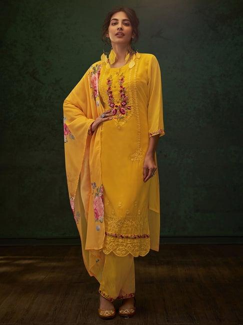 indo era yellow embroidered kurta palazzo set with dupatta