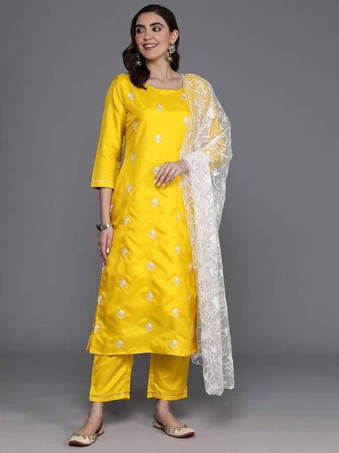 indo era yellow embroidered kurta pant set with dupatta