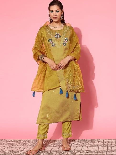 indo era yellow embroidered kurta pant set with dupatta
