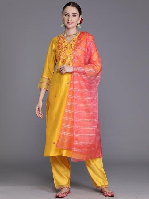 indo era yellow embroidered kurta pant set with dupatta