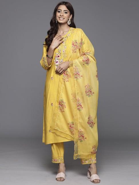 indo era yellow embroidered kurta pant set with dupatta