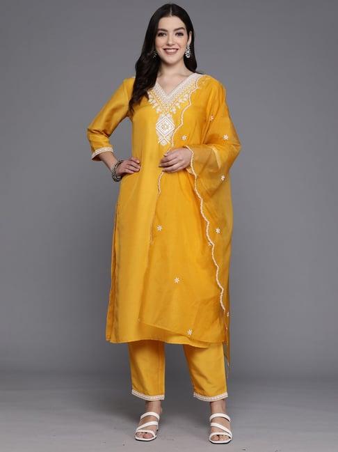 indo era yellow embroidered kurta pant set with dupatta