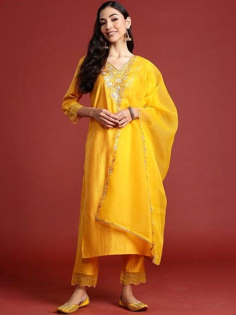 indo era yellow embroidered kurta pant set with dupatta