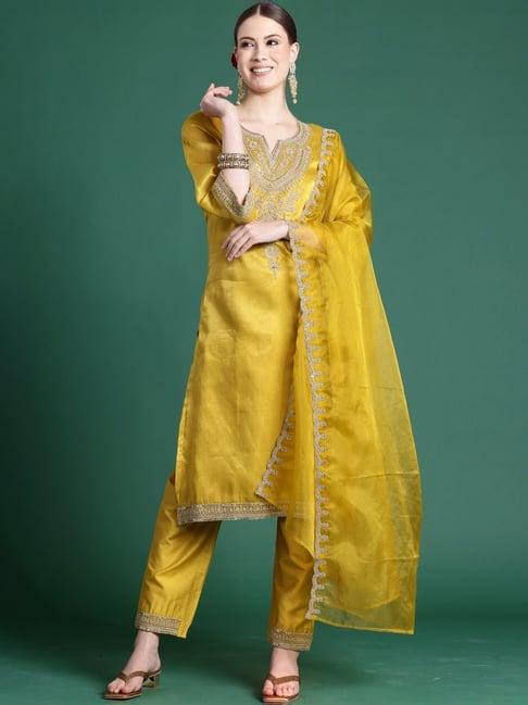 indo era yellow embroidered kurta pant set with dupatta