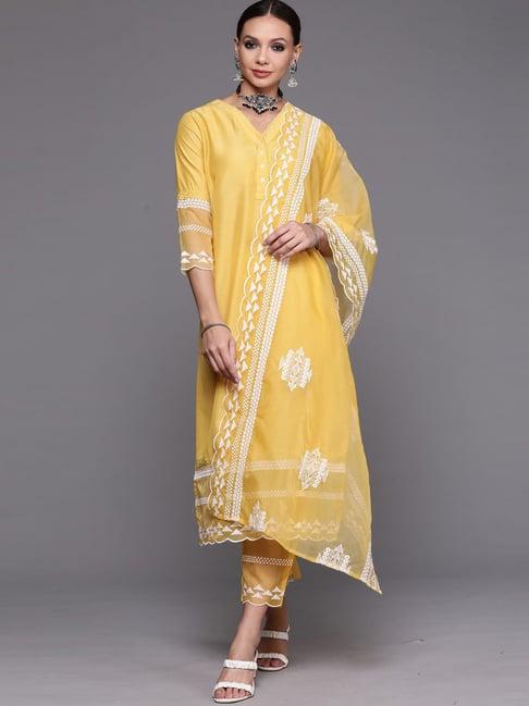 indo era yellow embroidered kurta pant set with dupatta