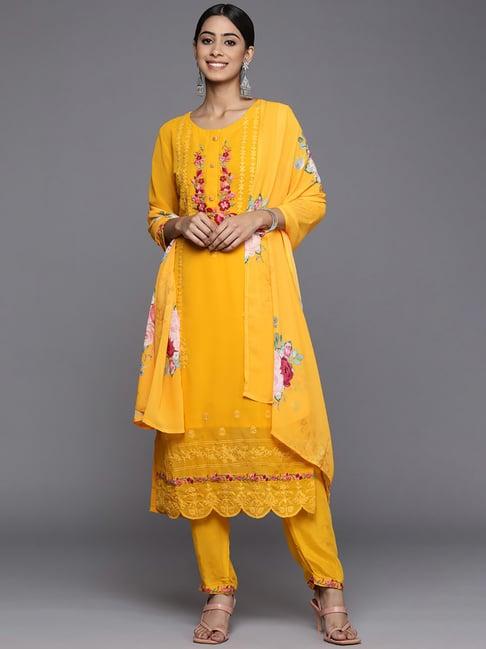 indo era yellow embroidered kurta pant set with dupatta