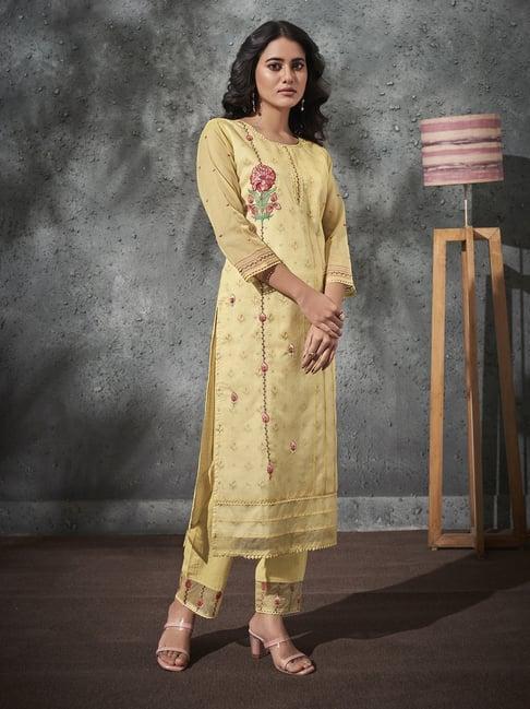 indo era yellow embroidered kurta pant set