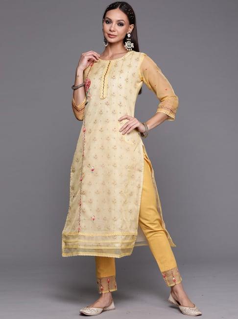 indo era yellow embroidered kurta pant set