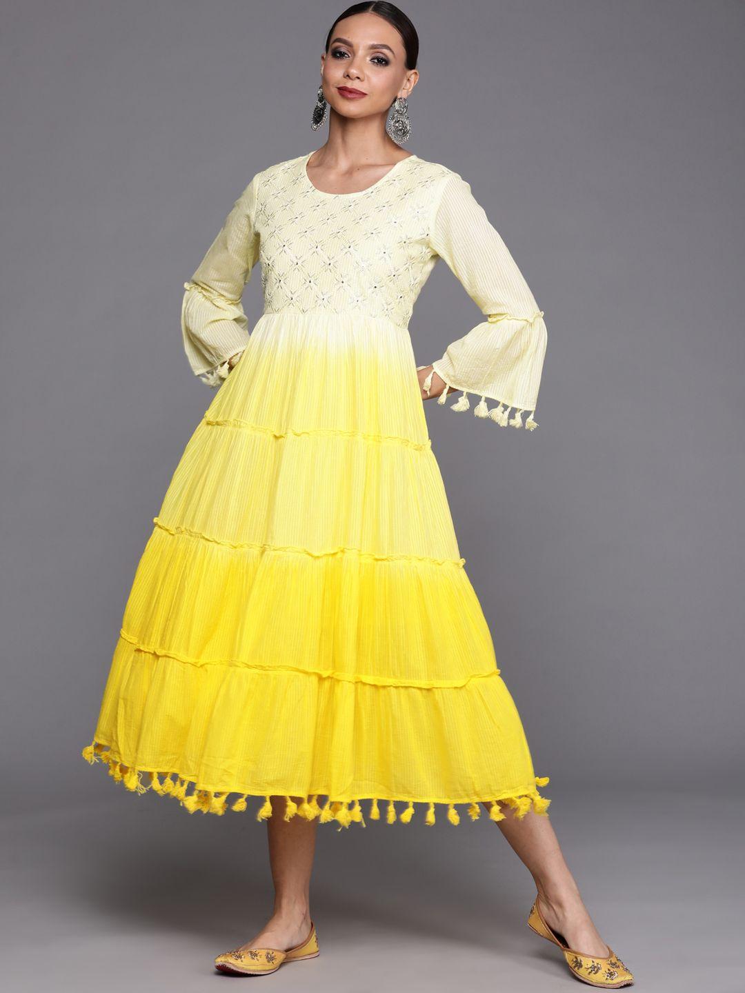 indo era yellow ethnic motifs embroidered ethnic a-line midi dress