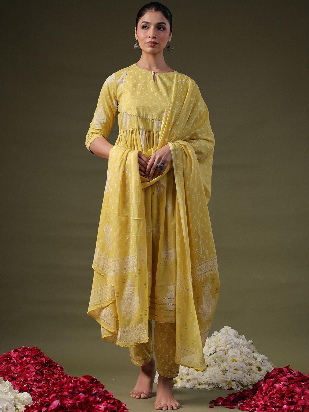 indo era yellow ethnic motifs printed a-line pure cotton kurta with trousers & dupatta